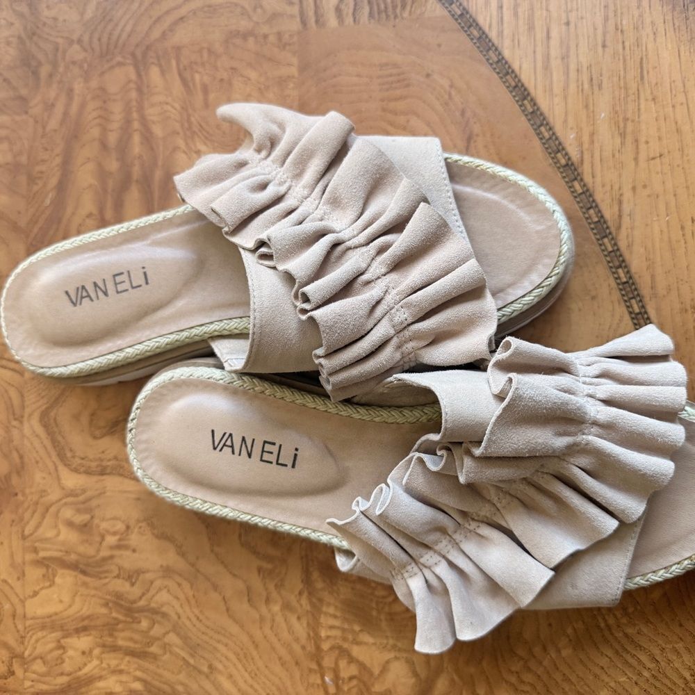 Vaneli Tan Espadrille Ruffle Slides - Picture 2 of 6